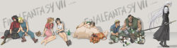 1990s_(style) 3girls 5boys :d aerith_gainsborough alcohol artist_name barret_wallace black_hair blonde_hair bottle braid brown_hair cait_sith_(final_fantasy) cape cid_highwind cloud_strife copyright_name dark_skin closed_eyes feet final_fantasy final_fantasy_vii fingerless_gloves gloves goggles goggles_on_head grey_hair hair_ribbon headband highres legs long_hair long_skirt multiple_boys multiple_girls open_mouth ponytail red_xiii ribbon rumi_(ru_mix) sephiroth short_hair sitting skirt sleeping smile standing sword tattoo tifa_lockhart toes very_long_hair vincent_valentine weapon yuffie_kisaragi