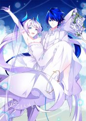 1boy 1girl blue_eyes blue_hair blue_horns bouquet bow bowtie carrying ciel_(kamitsubaki_studio) dated demon_girl demon_horns dress dress_shirt earrings elbow_gloves elsword flower gloves high_heels horns jacket jewelry long_hair luciela_r._sourcream open_mouth pointy_ears ponytail princess_carry shirt shoes signature single_earring sleeveless sleeveless_dress strapless strapless_dress suit_jacket tuxedo twintails very_long_hair vilor wedding_dress white_bow white_bowtie white_dress white_flower white_gloves white_hair white_jacket white_shirt white_shoes