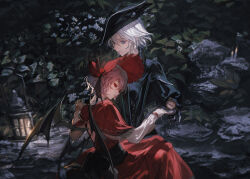 2girls alternate_costume bat_wings black_boots black_hat black_shirt black_wings bloodborne blue_eyes blue_hair bonnet boots braid candle chin_rest chinese_commentary closed_mouth commentary_request cropped dress expressionless fire flower forest frilled_sleeves frills fringe_trim gothic_lolita gown hair_between_eyes hat hat_flower head_on_head head_rest holding_hands izayoi_sakuya kumatangent lantern layered_sleeves lolita_fashion long_dress long_hair long_sleeves looking_at_viewer multiple_girls nature night on_rock outdoors parody parted_lips pointy_ears puffy_long_sleeves puffy_sleeves red_bonnet red_dress red_eyes red_flower red_rose remilia_scarlet rose shirt short_hair short_over_long_sleeves short_sleeves sitting sitting_on_lap sitting_on_person thigh_boots touhou twin_braids white_hair white_sleeves wings yuri