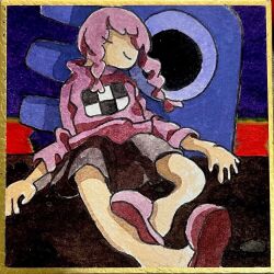 1girl alternate_hair_color alternate_hairstyle black_skirt braid buyo_buyo_(yume_nikki) closed_eyes creature full_body gold_border head_tilt koto_(patina375887) long_hair long_sleeves madotsuki no_mouth noodle_legs one-eyed painting_(medium) pebble photo-referenced photo_(medium) pink_hair pink_slippers pink_sweater print_sweater purple_background reclining shikishi short_hair_with_long_locks skirt slippers solo sweater traditional_media turtleneck turtleneck_sweater twin_braids watercolor_(medium) yume_nikki