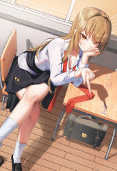 Rule 34 | 1girl, absurdres, bag, black skirt, blonde hair, breasts, chair, cleavage, closed mouth, clothes around waist, collared shirt, crossed legs, desk, dos (ehgns007kr), from above, head rest, highres, jacket, jacket around waist, loafers, long hair, long sleeves, looking at viewer, medium breasts, miniskirt, mole, mole on breast, necktie, orange eyes, original, pleated skirt, red necktie, school bag, school chair, school desk, school uniform, shirt, shoes, skirt, smile, socks, solo, white shirt, white socks