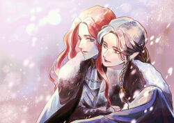 2boys arfeiniel braid closed_mouth elf eyelashes fingon floating_hair green_eyes long_hair maedhros male_focus multiple_boys parted_bangs pointy_ears prince red_hair snow snowing the_silmarillion tolkien&#039;s_legendarium winter winter_clothes