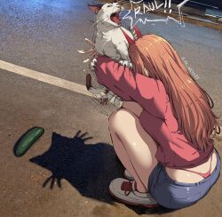 1girl animal ass blue_shorts breasts cat cat_shadow_puppet_(meme) chainsaw_man commentary cucumber holding holding_animal horns jk_arts large_breasts long_hair meme orange_hair outdoors panties pink_panties pink_sweater power_(chainsaw_man) red_horns road shoes shorts solo street sweater thong twitter_username underwear whale_tail_(clothing) white_shoes