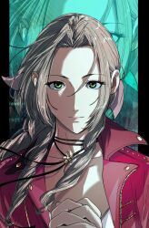 1girl aerith_gainsborough amikoiiko braid braided_ponytail brown_hair choker closed_mouth collarbone drill_hair drill_sidelocks final_fantasy final_fantasy_vii final_fantasy_vii_remake green_eyes hair_ribbon highres jacket long_hair looking_at_viewer own_hands_together parted_bangs pink_ribbon red_jacket ribbon sidelocks solo straight-on upper_body