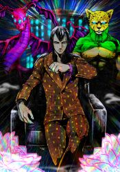 Rule 34 | 1boy, bead bracelet, beads, black eyes, black hair, blue eyes, bracelet, brown suit, cape, clenched hand, demon (megami tensei), dragon, extra eyes, floral background, floral print, formal clothes, glowing, glowing eyes, green cape, head wings, highres, hikawa (megami tensei), horns, jewelry, leopard, looking at viewer, ose (megami tensei), samael (megami tensei), shin megami tensei, shin megami tensei iii: nocturne, short hair, sitting, suit, swivel chair, tongue, tongue out, tori (bromaticbrotrap), wings