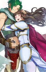 1boy 1girl ^_^ absurdres armor astrid_(fire_emblem) black_hair cape closed_eyes commission commissioner_upload fingerless_gloves fire_emblem fire_emblem:_radiant_dawn gloves green_hair green_vest hand_on_another&#039;s_head hetero highres hug long_hair misokatsuhaumai nintendo non-web_source open_mouth pauldrons purple_cape shoulder_armor smile sothe_(fire_emblem) vest vgen_commission yellow_eyes