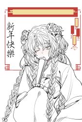 Rule 34 | 1girl, braid, chinese clothes, double bun, family hierarch candidate (identity) (project moon), freckles, hair bun, hand fan, highres, holding, holding fan, ishmael (project moon), ishuumai, limbus company, long hair, looking at viewer, monochrome, one eye closed, project moon, shrug (clothing), simple background, solo, twin braids, upper body, very long hair, white background