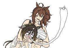 2girls abs ahoge arm_around_neck bare_shoulders blank_eyes chest_sarashi choke_hold dear_wink_(racehorse) ear_covers ear_ornament feather_hair_ornament feathers giving_up_the_ghost hair_ornament height_difference highres long_hair mouth_hold multiple_girls muscular muscular_female one_eye_closed original personification plunging_neckline reimei_(hokanko_i) sarashi scar scar_across_eye scar_on_face shirt side_ponytail simple_background stalk_in_mouth stay_gold_(umamusume) strangling umamusume white_background white_shirt yellow_eyes