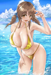 1girl absurdres bikini blush breasts brown_eyes brown_hair cleavage cloud cloudy_sky gold_bikini highres idolmaster idolmaster_cinderella_girls large_breasts nail_polish ocean open_mouth sky smile swimsuit totoki_airi twintails waizumi_(vestineislancer)