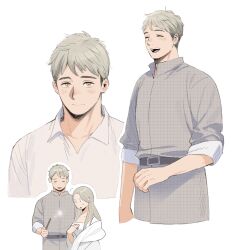 1boy 1girl :o ^_^ belt blush braid breasts brother_and_sister closed_eyes closed_mouth collared_shirt cropped_torso dress dungeon_meshi facing_viewer falin_touden falin_touden_(tallman) frs2 genderswap genderswap_(ftm) genderswap_(mtf) grey_hair hand_up highres holding holding_wand korean_commentary laios_touden long_hair looking_at_viewer magic medium_breasts multiple_views outline shawl shirt siblings simple_background single_braid sleeves_rolled_up smile surprised undercut wand white_background white_dress white_outline yellow_eyes