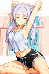 1girl arm_up armpits bare_shoulders black_shorts breasts collarbone elf frieren grey_hair highres pointy_ears shirt shorts skaggshood small_breasts solo sousou_no_frieren stretching twintails white_shirt