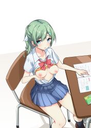Rule 34 | 1girl, :o, absurdres, aqua eyes, black socks, blue skirt, blush, bow, bow bra, bowtie, bra, bra lift, breasts, breasts apart, breasts out, brown shoes, chair, collarbone, collared shirt, commentary request, desk, embarrassed, exhibitionism, feet out of frame, green eyes, grey background, hair ornament, hair ribbon, hairclip, hand on table, highres, long hair, looking at viewer, medium breasts, miniskirt, nipples, on chair, open clothes, open shirt, original, paper, parted lips, partially unbuttoned, pencil, plaid bow, plaid bowtie, plaid clothes, pleated skirt, ponytail, public indecency, raised inner eyebrows, raraserara, red bow, red bowtie, ribbon, school chair, school desk, school uniform, shadow, shirt, shirt tucked in, shoes, short sleeves, sitting, skirt, socks, solo, two-tone background, underwear, white background, white ribbon, white shirt, wing collar, yellow bra