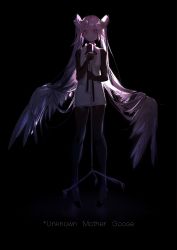 1girl absurdres backlighting bird_wings black_background black_ribbon black_shoes blue_eyes bodystocking collared_dress copyright_name dark dress female_focus full_body glowing glowing_eyes glowing_wings hair_between_eyes hatsune_miku high_heels highres holding holding_microphone long_hair long_ribbon microphone microphone_stand neck_ribbon open_mouth purple_hair ribbon shoes short_dress sketch sleeveless sleeveless_dress solo standing twintails unknown_mother_goose_(vocaloid) very_long_hair vocaloid white_dress wings yyb