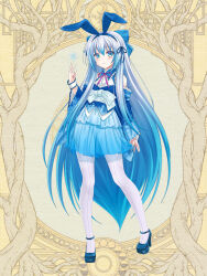 1girl amarugi_sachi animal_ears blue_bow blue_dress blue_eyes blue_hair blush bow dairoku_ryouhei dress fake_animal_ears full_body gradient_hair hair_bow hand_up high_heels koizumi_ginka multicolored_hair pantyhose snowflake_print snowflakes white_hair white_pantyhose yellow_background