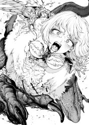 1girl absurdres angry blood blood_from_mouth blood_on_chest blood_on_face body_fur breasts chimera claws commentary constricted_pupils dragon_tail dungeon_meshi falin_touden falin_touden_(chimera) fangs feathered_wings feathers from_above greyscale highres looking_at_viewer monochrome monster_girl morimoto_atsushi open_mouth scales short_hair simple_background slit_pupils solo spoilers tail talons taur v-shaped_eyebrows wide-eyed wings