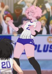 Rule 34 | 10s, ashido mina, black socks, blouse, blurry, boku no hero academia, closed eyes, colored skin, depth of field, highres, horns, justin leyva (steamy tomato), kaminari denki, kirishima eijirou, kneehighs, photo-referenced, pink hair, pink skin, playing sports, red skin, shirt, shorts, socks, standing, volleyball, white shirt, yaoyorozu momo, yoshimura shiho