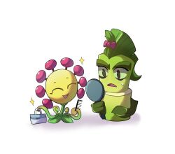 :d ^_^ bag bags_under_eyes bamboo bamboo_spartan_(plants_vs._zombies) bow brown_eyes chinese_commentary closed_eyes comb commentary_request hair_bow hand_mirror handbag holding holding_bag holding_comb leaf looking_at_mirror mirror no_pupils open_mouth pink_bow plant plant_focus plants_vs._zombies plants_vs._zombies_2 shadow simple_background smile sparkle sundew_tangler_(plants_vs._zombies) sweatdrop tongue white_background white_bag yuanzidiedaole
