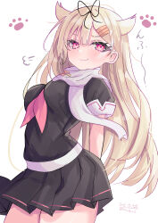 1girl absurdres black_serafuku black_shirt black_skirt blonde_hair hair_flaps hair_ribbon highres hizaka kantai_collection long_hair neckerchief one-hour_drawing_challenge paw_print pleated_skirt puff_of_air red_eyes red_neckerchief ribbon sailor_collar sailor_shirt scarf school_uniform serafuku shirt simple_background skirt solo white_background white_scarf yuudachi_(kancolle) yuudachi_kai_ni_(kancolle)