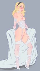 1girl alternate_costume bare_shoulders black_hairband blush breasts choker djcomps female_pubic_hair from_side garter_belt grey_background hairband high_heels highres league_of_legends long_sleeves lux_(league_of_legends) medium_breasts nipples pubic_hair pussy shoes simple_background standing thighhighs white_choker white_thighhighs