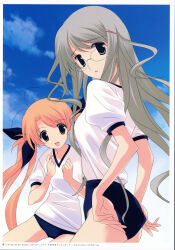 2girls :3 absurdres adjusting_buruma adjusting_clothes antenna_hair ass blonde_hair blue_buruma blue_sky blush breasts buruma buruma_pull chaos;head clenched_hands clothes_pull cloud cloudy_sky ears_visible_through_hair from_side green_eyes gym_shirt gym_shorts gym_uniform hair_ornament hairpin highres kusunoki_yua long_hair looking_at_viewer looking_back medium_breasts multiple_girls non-web_source open_mouth orihara_kozue pink_eyes round_eyewear sasaki_mutsumi scan shirt shirt_tucked_in short_sleeves shorts sky small_breasts smile thighs tongue twintails v-neck white_shirt
