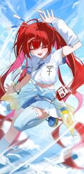 1girl akane_lize asymmetrical_legwear blonde_hair blue_shoes blue_sky closed_eyes collared_shirt hand_up highres huhi_(huhi_1211) kneehighs long_hair midriff multicolored_hair necktie open_mouth red_hair shirt shoes short_sleeves skirt sky smile socks solo stellive streaked_hair thighhighs twintails uneven_legwear very_long_hair virtual_youtuber white_arm_warmers white_shirt