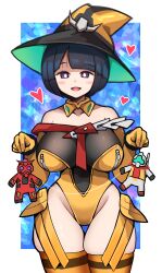 1girl black_hair black_hat blue_background blue_eyes blush breasts character_request collarbone detached_collar ditienan_ddn gloves gundam gundam_gquuuuuux hat heart holding holding_toy large_breasts leotard looking_at_viewer open_mouth orange_gloves orange_leotard orange_thighhighs red_gundam red_scarf scarf shiiko_sugai short_hair smile standing thick_thighs thighhighs thighs toy witch witch_hat