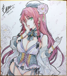 Rule 34 | 1girl, alternate costume, black bow, bow, bracelet, braid, breasts, cleavage, commentary request, corset, dated, earrings, falling petals, flower, flower request, garter straps, gloves, green corset, green eyes, hair bow, hair flower, hair ornament, hat, highres, hong meiling, jewelry, large breasts, licking, licking hand, lingerie, long hair, monety, panties, petals, pink flower, red hair, saliva, shikishi, signature, single glove, solo, thighhighs, tongue, tongue out, touhou, traditional media, twin braids, underwear, very long hair, white gloves, white panties