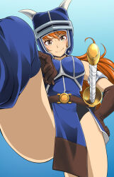 1girl armor belt blue_background blush breasts daisy_(dq) dragon_quest dragon_quest_yuusha_abel_densetsu fake_horns gloves hand_on_own_hip helmet horns large_breasts leg_up long_hair orange_hair pov smile word yellow_eyes zibundazenbu