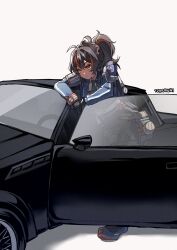 Rule 34 | 1girl, absurdres, artist name, black car, black pants, blue jacket, blue shoes, car, checkered necktie, gnx (kendrick lamar), hairband, high-waist pants, highres, holster, jacket, looking ahead, metal hairband, motor vehicle, multicolored hair, necktie, pants, police, police uniform, policewoman, ponytail, red eyes, red hair, serious, shoes, shoulder holster, solo, streaked hair, white background, wokiiarts, zenless zone zero, zhu yuan