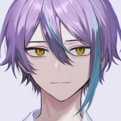 Rule 34 | 1boy, aqua hair, asymmetrical hair, close-up, double-parted bangs, earrings, hair between eyes, hikentai3, jewelry, kamishiro rui, looking at viewer, male focus, multicolored hair, piercing, project sekai, purple hair, sanpaku, shirt, short hair, simple background, solo, streaked hair, stud earrings, two-tone hair, white background, white shirt, yellow eyes