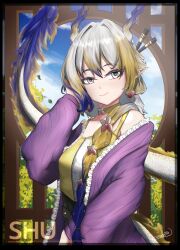 1girl arknights blonde_hair breasts brooch camisole character_name choker closed_mouth collarbone dragon_girl dragon_horns dragon_tail earrings eastern_dragon_horns eastern_dragon_tail fruit_earrings green_eyes hair_between_eyes highres horns jacket jewelry long_sleeves medium_breasts official_alternate_costume official_alternate_hairstyle orion_non pointy_ears purple_jacket shu_(arknights) shu_(spring_feast)_(arknights) smile solo tail yellow_camisole yellow_choker