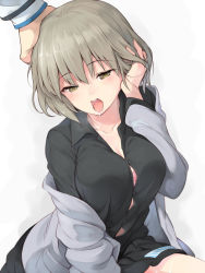 10s 1girl bad_id bad_pixiv_id black_shirt black_skirt blazer bra breasts collarbone devil_survivor_(series) devil_survivor_2 eyebrows grey_hair hakuregu hand_in_own_hair hand_on_another&#039;s_head hand_on_own_head jacket large_breasts long_sleeves nitta_io off_shoulder open_mouth out_of_frame ribbon saliva school_uniform shirt short_hair simple_background sitting skirt solo_focus striped_ribbon suggestive_fluid teeth tongue tongue_out tucking_hair underwear white_background yellow_eyes