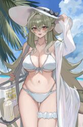 1girl :d absurdres arigiep arm_up bag bare_shoulders bikini blue_sky blush braid breasts cleavage cloud collarbone day green_hair hand_on_headwear hat highres large_breasts long_hair long_sleeves looking_at_viewer monster_hunter_(series) navel off_shoulder open_clothes open_mouth orange_eyes outdoors pointy_ears rathian shoulder_bag sky smile solo stomach sun_hat swimsuit thigh_gap thigh_strap transparent_bag very_long_hair white_bikini white_hat