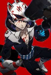 Rule 34 | 1boy, absurdres, aiming, artist name, black jacket, blood, blood on chest, blood on face, blue gloves, blue sash, blurry, blurry foreground, boots, breasts, broken mask, buzhengzhengzai, cleavage, collarbone, collared jacket, commentary, drop shadow, foot out of frame, fox (persona 5), fox mask, gloves, gun, highres, jacket, kitagawa yuusuke, looking at viewer, male focus, mask, mask on head, one eye covered, open clothes, open jacket, pants, parted lips, persona, persona 5, persona 5 the royal, purple eyes, purple hair, red background, sash, short hair, simple background, solo focus, torn clothes, torn pants, weapon, white boots, zipper pull tab