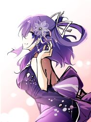 1girl 25ocoveryui absurdres ao_no_kiseki blue_eyes bow breasts china_dress chinese_clothes dress earrings eiyuu_densetsu flower_hairpin gradient_background hair_between_eyes hair_bow hair_ornament hair_rings highres jewelry large_breasts long_hair looking_at_viewer purple_hair rixia_mao sidelocks smile solo zero_no_kiseki