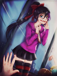 1girl 2others against_glass artist_name black_hair black_skirt black_thighhighs blood blood_from_mouth blood_on_clothes blood_on_hands bloody_knife blue_eyes bow breasts collarbone commentary cowboy_shot creepypasta dutch_angle elpheltel english_commentary fingernails hair_between_eyes hair_bow hand_on_own_cheek hand_on_own_face hands_up high_ponytail holding holding_knife hood hood_down hoodie horizontal-striped_thighhighs knife licking_lips long_hair long_sleeves looking_at_viewer medium_breasts miniskirt multicolored_hair multiple_others nina_the_killer outdoors pleated_skirt ponytail pov pov_hands purple_hair purple_hoodie red_bow red_thighhighs reflection sidelighting skirt solo_focus standing stitched_mouth stitches streaked_hair striped_clothes striped_thighhighs thighhighs tongue tongue_out two-tone_hair two-tone_thighhighs very_long_hair vignetting zettai_ryouiki