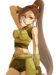 1girl abs bare_shoulders belt brown_eyes brown_hair closed_mouth dragon_quest dragon_quest_xi fingerless_gloves gloves green_belt green_gloves green_shorts hair_ornament hair_scrunchie highres long_hair looking_at_viewer magainu martina_(dq11) midriff navel orange_scrunchie ponytail scrunchie shorts simple_background sleeveless solo very_long_hair white_background