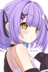 1girl anku black_choker black_jacket black_ribbon blush character_name choker closed_mouth from_side ghost_hair_ornament hair_ornament hair_ribbon hair_tie highres jacket looking_at_viewer off_shoulder purple_hair ribbon shinomiya_runa shinomiya_runa_(1st_costume) shirt solo virtual_youtuber vspo! white_background white_shirt x_hair_ornament yellow_eyes