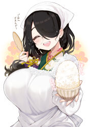 ... 1girl apron arato_asato black_hair blush bowl breasts closed_eyes commentary_request dot_nose facing_viewer floral_background freckles glasses hair_over_one_eye head_tilt headscarf heart highres holding holding_bowl indie_virtual_youtuber itou_life_(vtuber) kappougi lace_trim large_breasts long_hair long_sleeves one_eye_covered open_mouth rice shamoji solo sparkle sweat translation_request upper_body virtual_youtuber white_background white_headscarf yellow_background