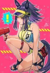 ! 1girl animal_ears belt bike_shorts black_sandals breasts collarbone curtained_hair ear_ornament fenomeno_(umamusume) first_aid_kit front_zipper_swimsuit_(realise) full_body holding holding_megaphone horse_ears horse_girl horse_tail kuren lifeguard long_hair looking_to_the_side megaphone meme_attire multicolored_hair navel no_ears on_one_knee one-piece_swimsuit pink_background ponytail purple_eyes purple_hair sandals serious simple_background solo sports_sandals swimsuit tail thigh_strap triangle two-tone_hair two-tone_swimsuit umamusume visor_cap walkie-talkie watch whistle whistle_around_neck wristwatch yellow_swim_trunks