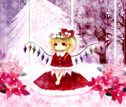 1girl bad_id bad_pixiv_id blonde_hair capelet christmas embodiment_of_scarlet_devil female_focus flandre_scarlet flower hat ichitaro own_hands_together side_ponytail solo touhou v_arms wings