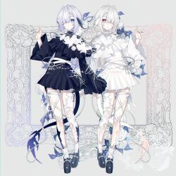 2girls au_ra black_dress dragon_girl dragon_horns dragon_tail dress final_fantasy final_fantasy_xiv flower hair_over_one_eye highres horns leg_ribbon looking_at_viewer motsuni_(lxxe1120) multiple_girls platform_shoes purple_eyes red_eyes ribbon rose tail warrior_of_light_(ff14) white_dress white_flower white_hair white_rose wide_sleeves