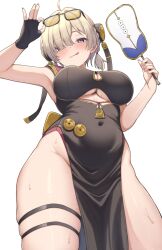 1girl :q black_dress black_gloves blush breasts china_dress chinese_clothes clothing_cutout commentary_request covered_navel cutout_above_navel dress eyewear_on_head fingerless_gloves from_below gloves hair_over_one_eye hand_fan highres holding holding_fan large_breasts looking_at_viewer no_panties pelvic_curtain purple_eyes shun_(b.c) simple_background single_fingerless_glove solo standing sweat sweety_(zenless_zone_zero) thighs tinted_eyewear tongue tongue_out underboob_cutout white_background yellow-tinted_eyewear zenless_zone_zero