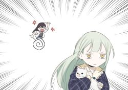 2girls anger_vein animal animalization bang_dream! bang_dream!_it&#039;s_mygo!!!!! black_choker black_shirt cat choker commentary dated_commentary drumsticks frilled_choker frills green_hair highres holding holding_animal holding_cat holding_drumsticks jacket kaname_raana long_hair multiple_girls open_clothes open_jacket raana_the_cat shiina_taki shirt wakaba_mutsumi white_jacket yellow_eyes yzj21333