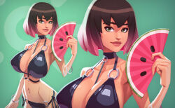 Rule 34 | 1girl, bikini, black bikini, bob cut, bracelet, breasts, brown hair, choker, cleavage, david goujard, folding fan, gradient hair, green background, green eyes, hand fan, harness, holding, holding fan, jewelry, large breasts, light smile, lips, looking at viewer, multicolored hair, multiple views, navel, nose, o-ring, o-ring bikini, o-ring choker, o-ring harness, pink hair, short hair, side-tie bikini bottom, silver bracelet, solo, swimsuit, zoom layer