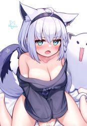1girl ahoge animal_ear_fluff animal_ears blush braid breasts cleavage deaver ear_piercing fang fox_ears fox_girl fox_tail green_eyes hair_between_eyes hairband highres hololive large_breasts long_hair looking_at_viewer open_mouth oruyanke_(shirakami_fubuki) piercing shirakami_fubuki sidelocks single_braid solo sweater tail virtual_youtuber white_hair
