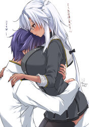 1boy 1girl absurdres admiral_(kancolle) between_breasts black_bow black_hair black_nails black_thighhighs blush bow breasts dark_skin dated dress from_side glasses grey_dress hair_bow head_between_breasts highres hug jewelry kantai_collection large_breasts long_hair mashiro_yukiya military_uniform musashi_(kancolle) musashi_kai_ni_(kancolle) naval_uniform ring signature thighhighs translation_request white_hair