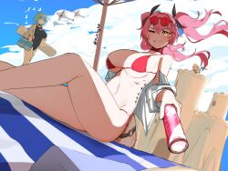 Rule 34 | 3girls, alternate costume, beach, bikini, breasts, character request, highres, large breasts, lupa (wuthering waves), multiple girls, one eye closed, p inlight, pink bikini, pink hair, sand, swimsuit, tacet mark (wuthering waves), tail, towel, wolf tail, wuthering waves, yellow eyes