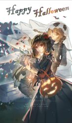 Rule 34 | 2girls, black hair, braid, brown eyes, brown hair, candy, candy wrapper, date a live, date a live: date a bullet, dress, eyepatch, flower, food, hair flower, hair ornament, halloween, halloween bucket, halloween costume, happy halloween, highres, lanmeiweiguhai3, long hair, multiple girls, open mouth, red eyes, smile, tokisaki kurumi, unworn eyepatch, yamauchi sawa (date a live)