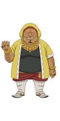 Rule 34 | 1boy, anime coloring, aoi tomato, arm up, black eyes, blush, bracelet, facial hair, fat, fat man, full body, gem, hat, highres, jewelry, looking at viewer, multiple rings, necklace, obese, open hand, ornate ring, pants, piercing, polvo (tsuihousha shokudou e youkoso!), ring, shirt, short sleeves, simple background, smile, solo, standing, sweat, teeth, transparent background, tsuihousha shokudou e youkoso!, ugly bastard, yellow hat